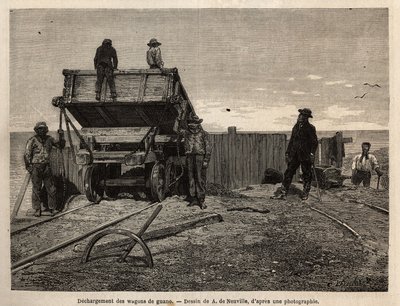Vykládka vagónů s guanem na ostrovech Chincha (Tichý oceán, poblíž jihozápadního pobřeží Peru), jejichž hlavním zájmem bylo využívání guánových ložisek (používaných jako hnojivo), ložisek na žulových útesech sloužících jako útočiště pro širokou škálu moře od Unknown artist