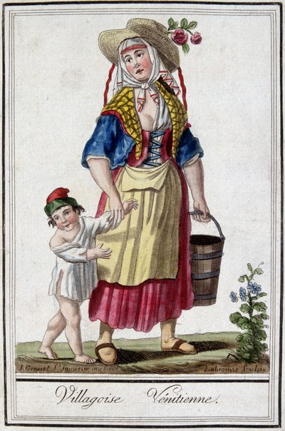 Benátská vesnice se svým synem. 18. století rytina. od Unknown artist
