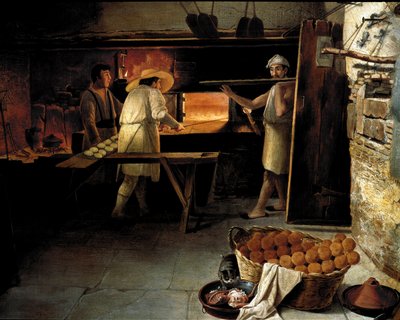 Pohled zevnitř pekárny Pekaři pečou chleba v troubě. Anonymní obraz 18. století. Řím, Museo del Folklore od Unknown artist