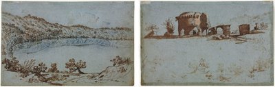 Pohled na jezero Nemi (recto) Malá skupina římských ruin (verze) od Unknown artist