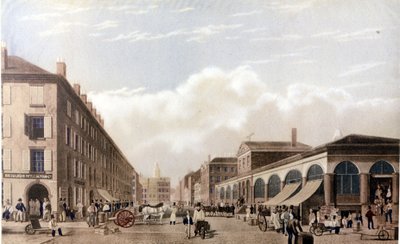 Pohled na New York: Trh na Fulton Street. SD litografie kolem poloviny 19. století. od Unknown artist