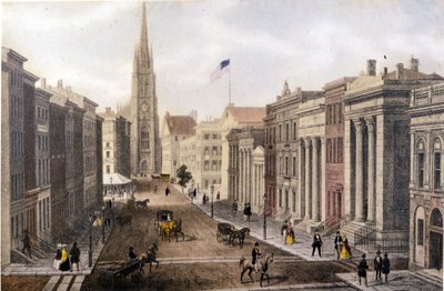Pohled na New York: Pohled z Wall Street na William Street. Litografie sd. kolem poloviny 19. století. od Unknown artist