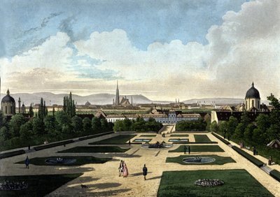 Pohled na vídeňský Belvedere, rakouský barokní palác postavený Eugenem de Savoye. Litografie 19. století od Unknown artist