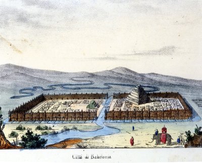 Pohled na starověký Babylon: uprostřed chrám a visuté zahrady. Hořící sd. počátku 19. století. od Unknown artist