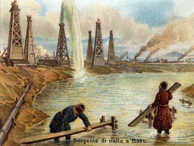 Pohled na ropné vrty v Baku, Ázerbájdžán. chromolitograf asi z roku 1890. od Unknown artist