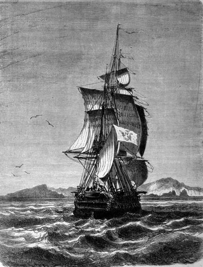 Pohled na rakouskou fregatu Novara před ostrovem svatého Pavla v Indickém oceánu v roce 1857. Rytina 19. stol. od Unknown artist