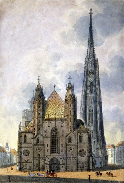 Pohled na katedrálu svatého Štěpána (St. Stephen nebo Stephansdom nebo St. Stephane nebo St. Stephan Kirche) z Vídně v Rakousku na konci 18. století. od Unknown artist