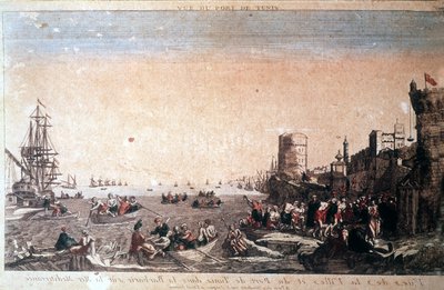 Pohled na město a přístav Tunis v barbarství na Středozemním moři - Zajatí piráti přijíždějící do Port de la Goulette v Tunisu. Rytina 18. století. od Unknown artist