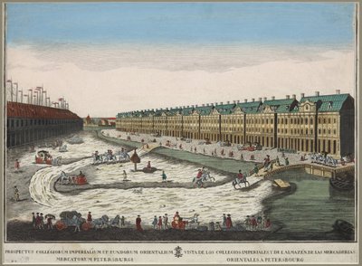 Pohled na budovu Twelve Collegia (batiment des douze Colleges) v Petrohradě - Anonymní. Mědirytina, akvarel od Unknown artist