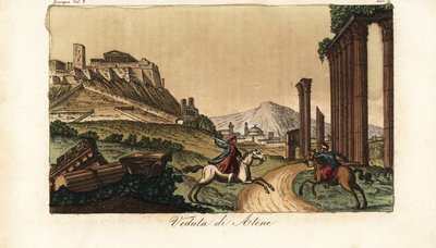 Pohled na město Atény, Řecko, s Akropolí a Parthenónem vlevo, ruiny sloupů, monumenty a Propylaea vpředu od Unknown artist