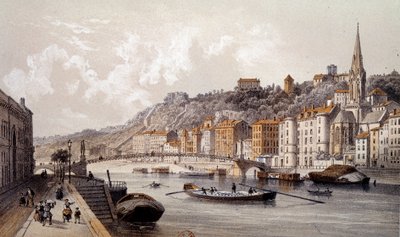 Pohled na město Lyon z Quai Tilsitt. Rytina 19. století. Paříž, B.N. od Unknown artist