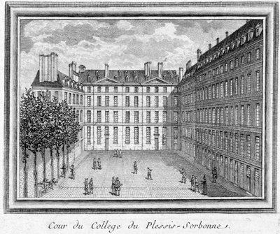 Pohled na dvůr koleje Plessis Sorbonne (Paříž), založené v roce 1323 Geoffroyem du Plessis Balissonem, používané v letech 1848 a 1849 ENA. Rytina zachována v Musee Carnavalet. od Unknown artist