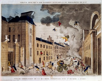 Pohled na výbuch pekelného stroje rue Saint Nicaise v Paříži na 3. nivose an IX. Spiknutí pekelného stroje je spiknutí s cílem zabít Napoleona Bonaparta, nového prvního konzula po státním převratu 18. Brumaire. Vstup od Unknown artist