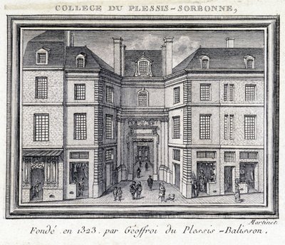 Pohled na vnější fasádu koleje Plessis Sorbonne (Paříž), založenou v roce 1323 Geoffroyem z Plessis Balisson používanou v letech 1848 až 1849 ENA. Rytina zachována v Musee Carnavalet v Paříži. od Unknown artist