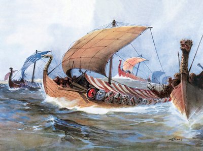 Vikingská loď v tranzitu směrem k Normandii, akvarel od Unknown artist