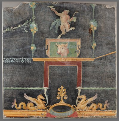 Nástěnný fragment s tančícím satyrem, hrochem a dalšími dekorativními motivy na černém podkladu od Unknown artist