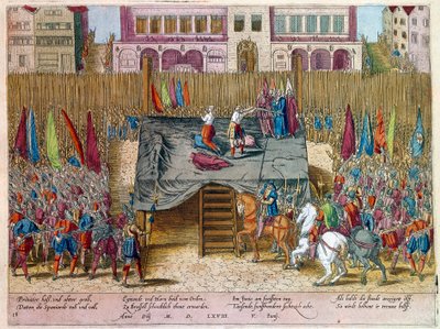 Devadesátiletá válka: Decollation of Lamoral, hrabě z Egmontu, princ z Gavre (1522-1568), nizozemský politik. Byl odsouzen v rámci Conseil des troubles (neboli krevní rady) ustanovené vévodou z Alby. Rytina. Paris B.N. od Unknown artist