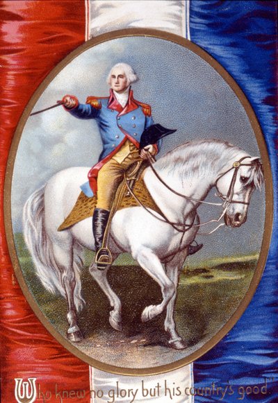 Kdo neznal žádnou slávu než dobro své země: George Washington (1732 - 1799) jedoucí v medailonu na zadní straně francouzské vlajky. chromolitograf 19. století. od Unknown artist