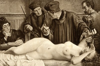 Čarodějnictví. Vědci hledají krtka na těle čarodějnice, aby ho štípali a studovali reakci. Ilustrace E. Van Hoove. 1888 od Unknown artist