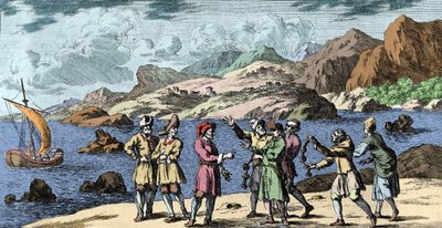 Čarodějnictví a víra: Finové a Sámové vyvolávají bouři kouzlem tří uzlů. Rytina z „Mundi Mirabilis Oeconomia“ od Johanna Zahna (1631-1707) od Unknown artist