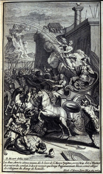Když se dvě armády připojily k východu úsvitu, Jupiter poslal Iris, aby řekla Hectorovi, aby odstoupil z bitvy a vrátil se, až když bude Agamemnon bolet, bude nucen se vzdálit z bojiště. Ilustrace knihy XI z Homérovy Iliady, Frenc od Unknown artist