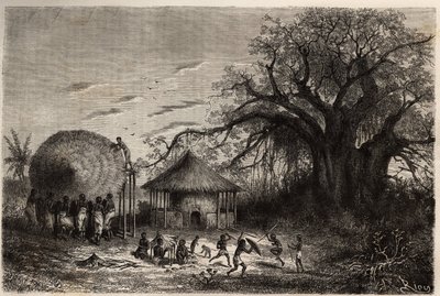 Ženy z okrajů Zambeze mávají chatrče a v popředí dětská hra. Rytina pro ilustraci prvních plaveb Dr. Livingstonea do jižní Afriky v letech 1840 až 1856 v „Le tour du monde, nouveau journal des voyages““ publikovaném pod přímým od Unknown artist