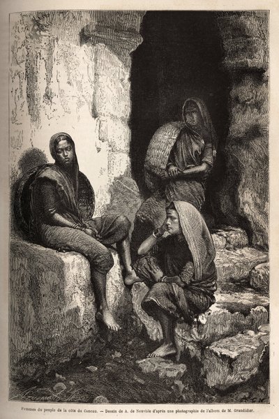 Ženy lidí z pobřeží Concau (nebo Konkan, severní pobřeží Indie). Rytina pro ilustraci plavby v poledníkových provinciích Indie od Alfreda Grandidiera v letech 1862-1864, publikovaná v „“Le tour du monde“““ 1869, editoval Edouard Charton, od Unknown artist