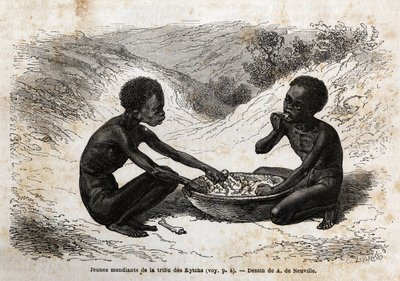 Mladí žebráci z kmene Kychi (nacházející se v oblasti Horního Nilu) směňují jídlo za pár balíčků. Rytina pro ilustraci plavby k jezeru Albert od Unknown artist