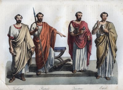 smírčí soudci starého Říma - Tribunus (Tribune) - praetor (Preteur) (magistrát) - Quaestores (kvestorové) - aediles (ediles) rytina z „“ Zvyků a obyčejů všech národů vesmíru. Nebo Dějiny vlády, zákonů, milice, krále od Unknown artist