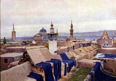 Modré bavlněné látky sušené na střechách barvířů v Damašku (Sýrie). od Unknown photographer