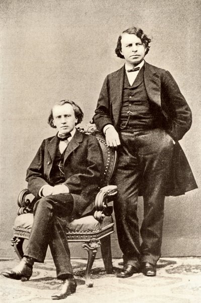 Johannes Brahms (1833-1897), německý hudební skladatel, sedí s Josefem Joachimem (1831-1907), maďarským houslistou a skladatelem, ředitelem berlínské konzervatoře. Polotón z fotografie (tisk) od Unknown photographer