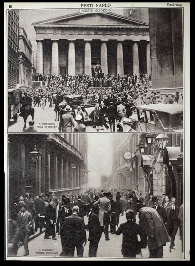 Nahoře: Černé dny na Wall Street; dole: burza v Londýně v době krachu v roce 1929, z filmu "Pesti Naplo". od Unknown photographer