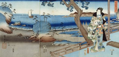 Princ Genji sleduje na pláži Suma (triptych) od Utagawa  Hiroshige and Kunisada