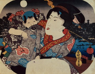 Žena nesoucí dítě na zádech (dřevěný tisk) od Utagawa Kunisada