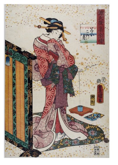 Dáma s rukou na lakovaném plátně, období Edo, cca 1857 (dřevoryt na papíře) od Utagawa (1786-1865) Kunisada