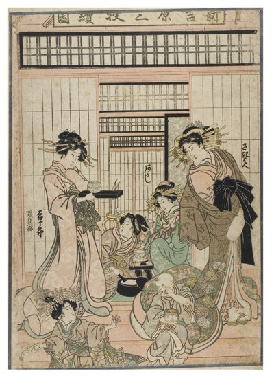 Scéna z triptychu Šin Jošivara. Interiér nevěstince ve čtvrti Jošivara s kurtizánami a klienty, asi 1830-1843 (dřevoryt na papíře) od Utagawa (1786-1865) Kunisada