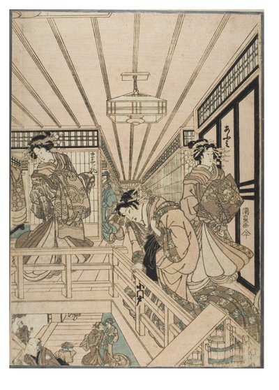 Scéna z triptychu Šin Jošivara. Interiér nevěstince ve čtvrti Jošivara s kurtizánami a klienty, asi 1830-1843 (dřevoryt na papíře) od Utagawa (1786-1865) Kunisada
