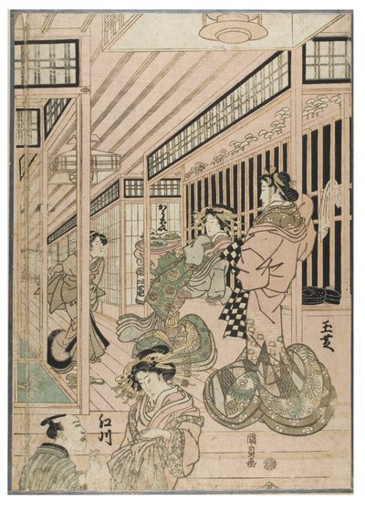 Scéna z triptychu Šin Jošivara. Interiér nevěstince ve čtvrti Jošivara s kurtizánami a klienty, asi 1830-1843 (dřevoryt na papíře) od Utagawa (1786-1865) Kunisada