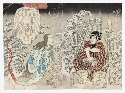 Seki Sanjūrō II jako Kamiya Niemon a Onoe Kikugorō III z Kamigaty (Kudari) jako Duch lucerny, kterému tleskají všechna tři města (Sanganotsu gohyōban no chōchin no yūrei). od Utagawa (1786 1865) Kunisada