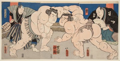 Souboj sumo zápasníků Koyanagi a Kuroiwa. Tisk Utagawa Kunisada (1786-1865) od Utagawa Kunisada