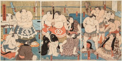 Kombat Days Luttkrs Sumo Shitaky Baye a Hidenoyama. Den Estamp Uttagawa bez pití (1–5) od Utagawa Kunisada