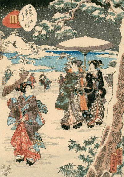 Figurky se slunečníky ve sněhu (scéna z The Tale of Genji) (barevný dřevoryt na papíře) od Utagawa (1786 1865) Kunisada