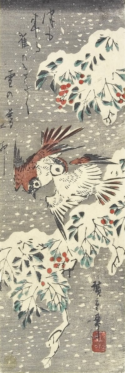 (Nebeský bambus a vrabci na sněhu), 1830-1858 od Utagawa Hiroshige