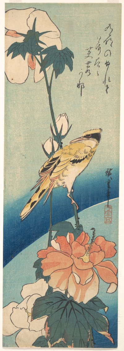 Ein Schwarzrückenpirol auf einem Hibiskusstängel od Utagawa Hiroshige