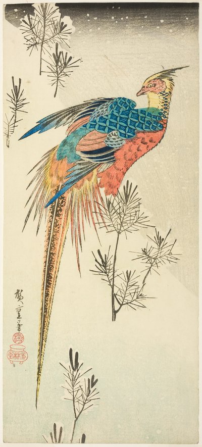 Zlatý bažant posazený na strmém zasněženém svahu uprostřed malých borových stromků od Utagawa Hiroshige