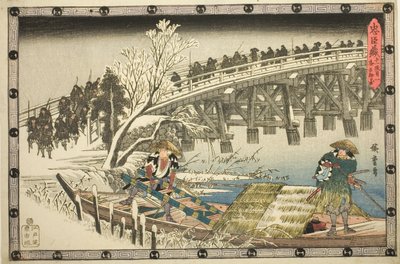 Akt 11, část 1: Přístup k nočnímu útoku (Juichidanme ichi, yochi oshiyose), ze série "Pomsta loajálních zadržovatelů (Chushingura)" od Utagawa Hiroshige