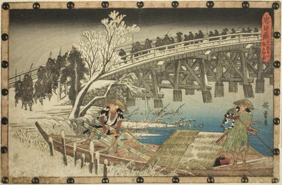 Akt 11, část 1: Přístup k nočnímu útoku (Juichidanme ichi, yochi oshiyose), ze série "Pomsta loajálních zadržovatelů (Chushingura)" od Utagawa Hiroshige