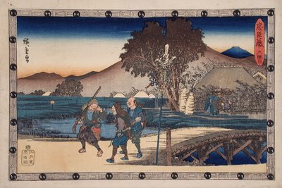 Dějství VI: Lovci se vracejí poté, co přinesli tělo zavražděného Yoichibeie do jeho chaty od Utagawa Hiroshige