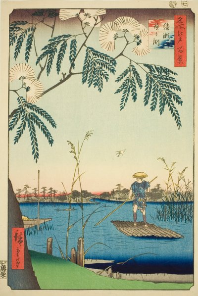 Reverend Ayase Plan d Kanegafuchi (Ayase River Kanegafuchi), ze série ``Hřeben pro hřebeny d Fanet s Pohledy na Edo (Sto slavných pohledů na Edo)