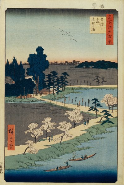 Svatyně Azuma no mori a propletený kafr Sto slavných pohledů na Edo, 1856-1858 od Utagawa Hiroshige